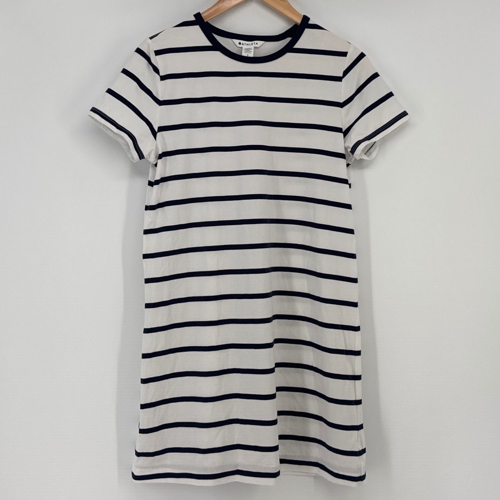 Athleta Striped T-Shirt Dress Womens Small Petite White Navy Short Sleeve Mini